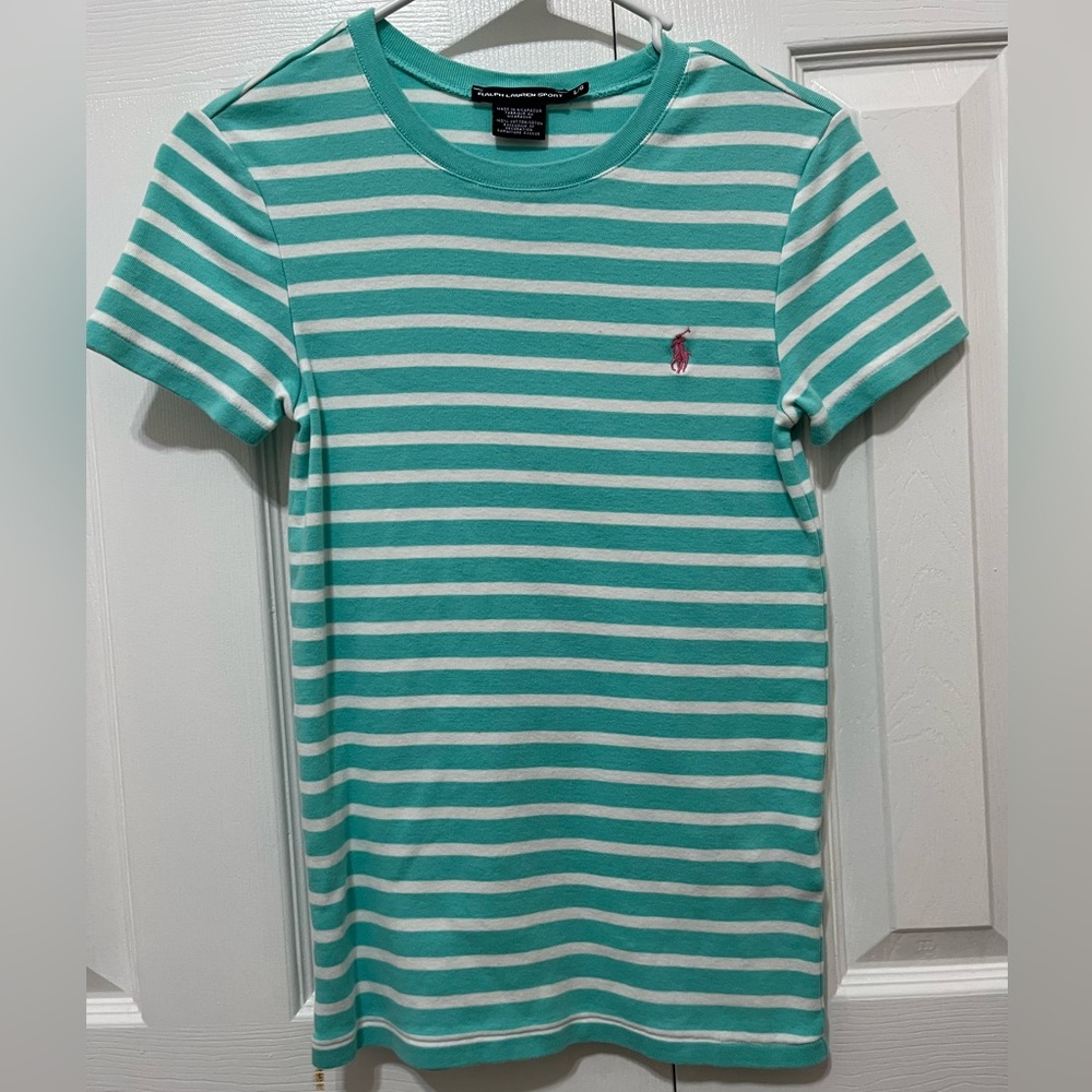 Ralph Lauren (sport) T-shirt, aqua blue and white striped with pink logo; size L